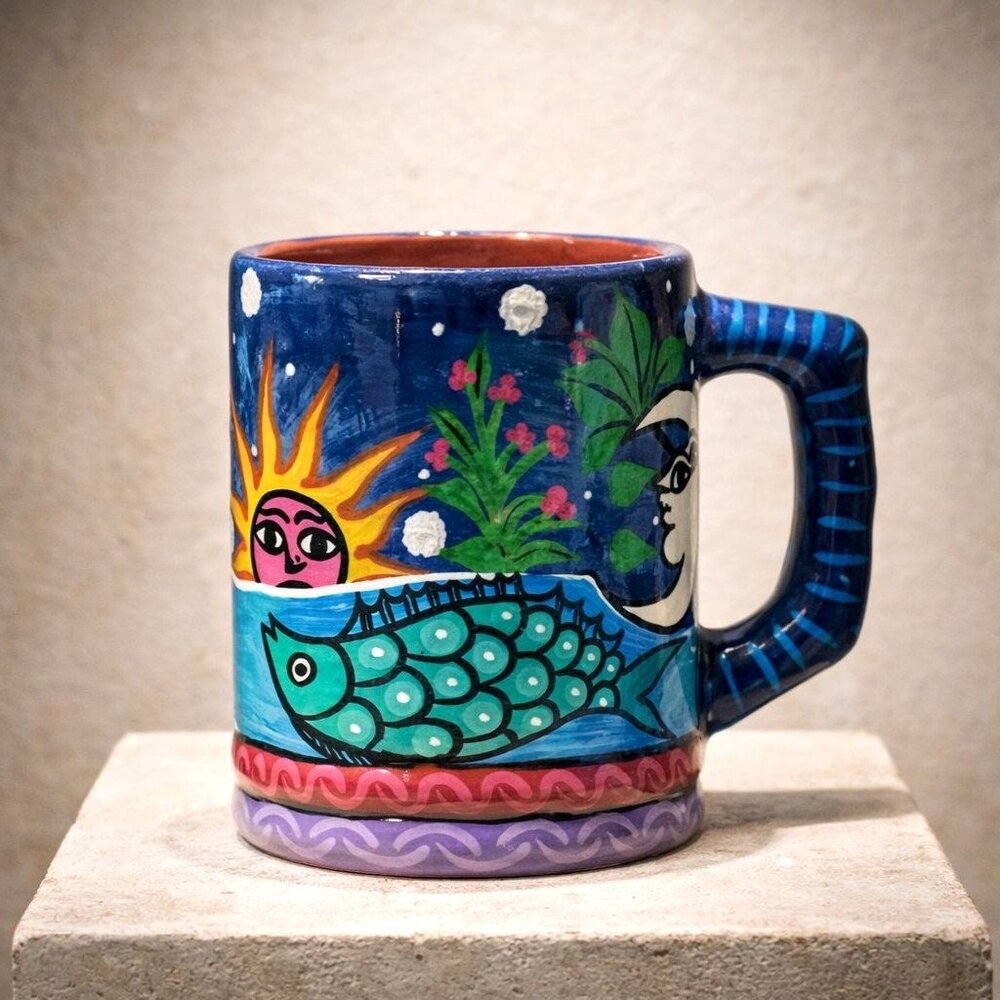 Hand Painted Sun Moon Fish Folk Art Mexican Style Celestial Fish Sun Moon Vintag